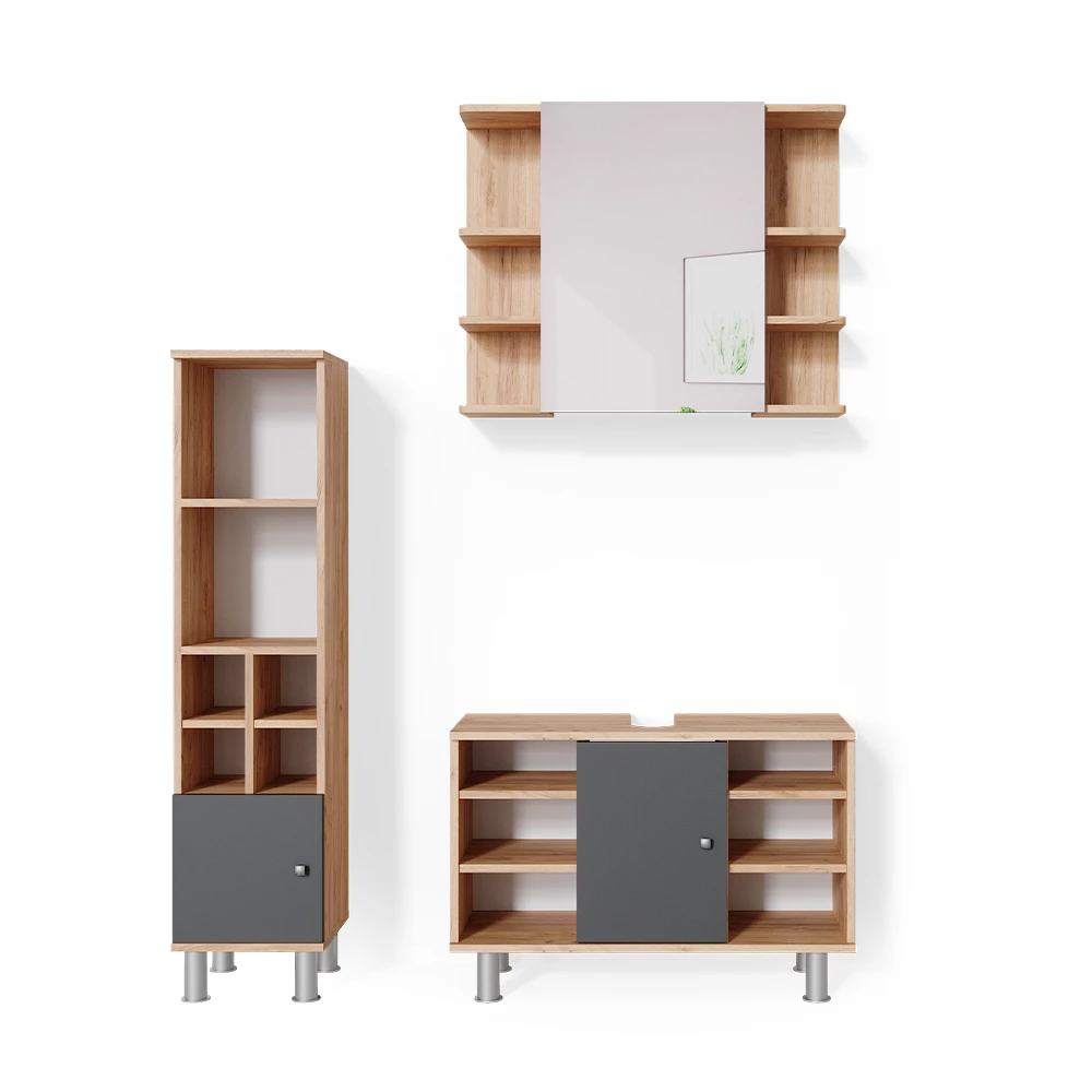 Badmöbel-Set Fynn Goldkraft Eiche 3 Teile, mit Midischrank Tür klein Vicco