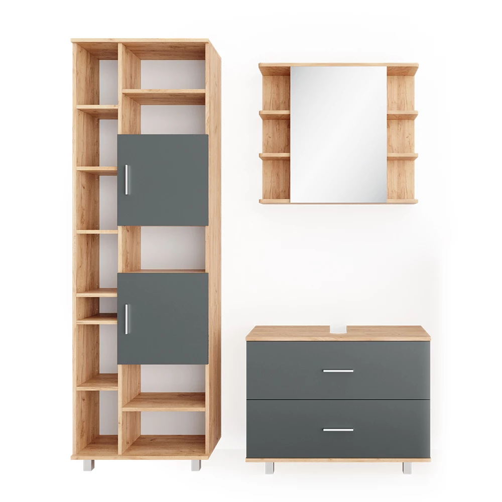 Badmöbel-Set Ilias Anthrazit/Goldkraft Eiche 3 Teile, mit Hochschrank Vicco