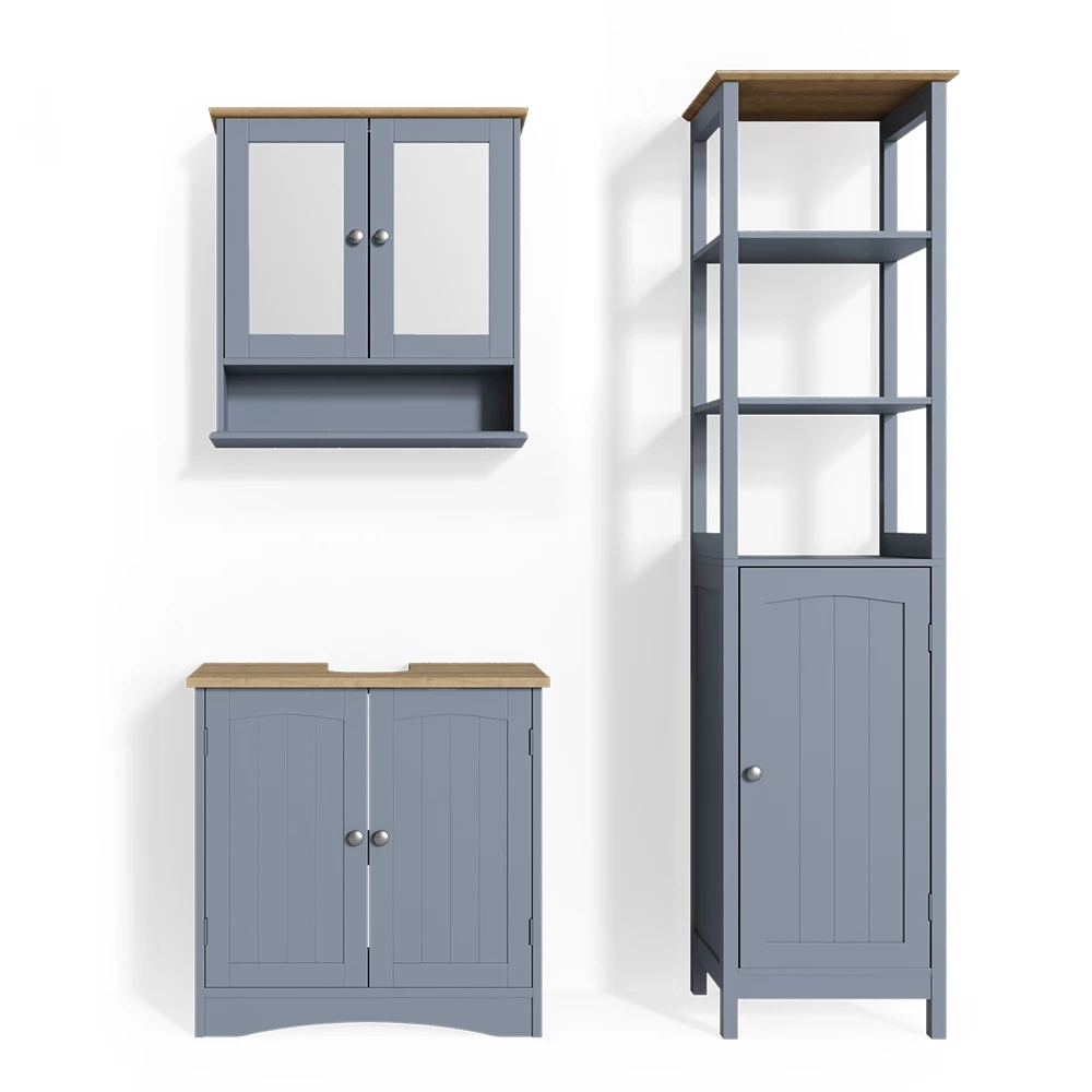 Badmöbel-Set Bianco Grau 3 Teile, mit Hochschrank Vicco