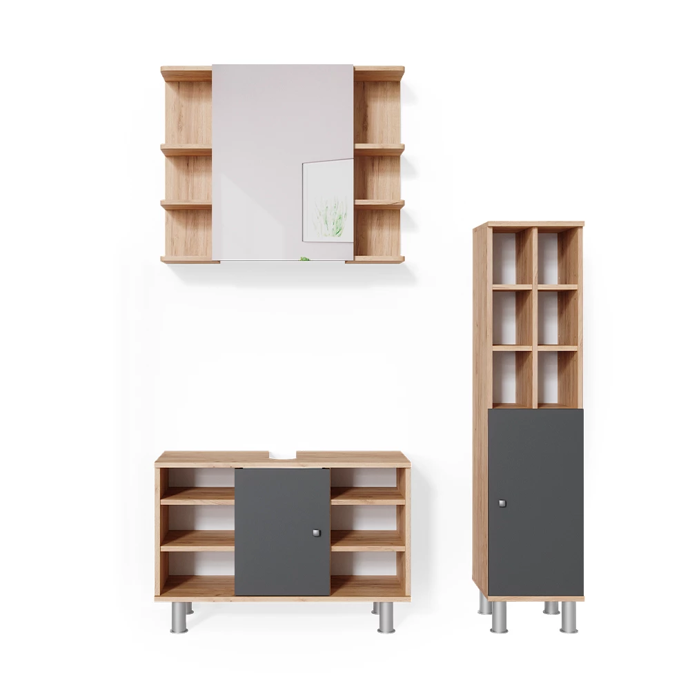 Badmöbel-Set Fynn Goldkraft Eiche 3 Teile, mit Midischrank Tür groß Vicco