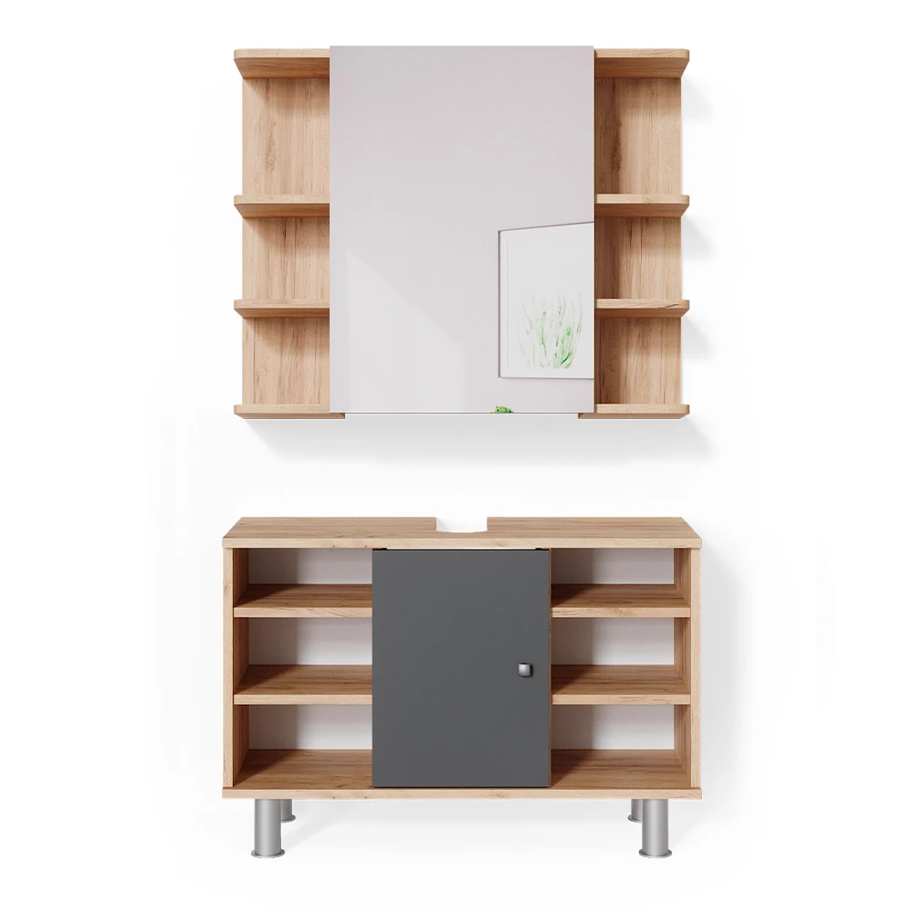 Badmöbel-Set Fynn Goldkraft Eiche 2 Teile, Unterschrank 80 cm Vicco