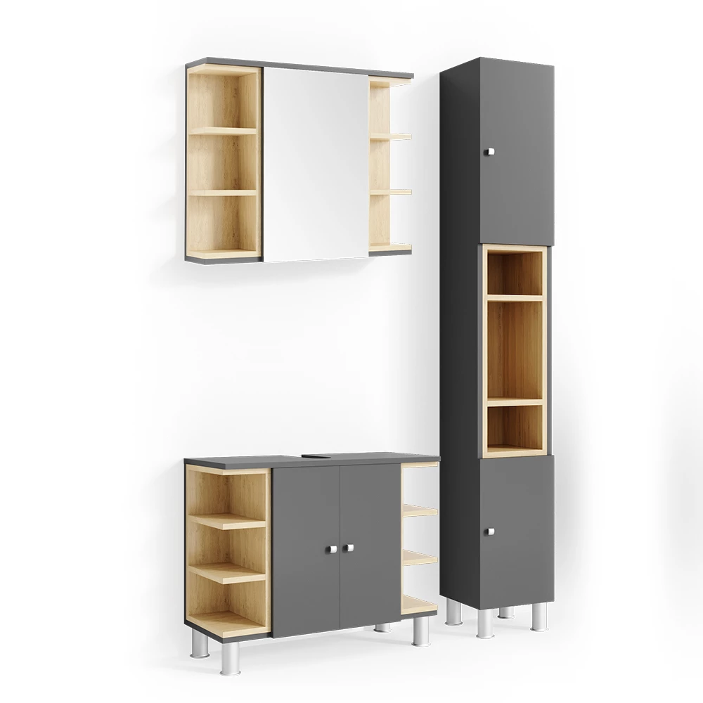 Badmöbel-Set Aquis Anthrazit 3 Teile, mit Hochschrank Vicco