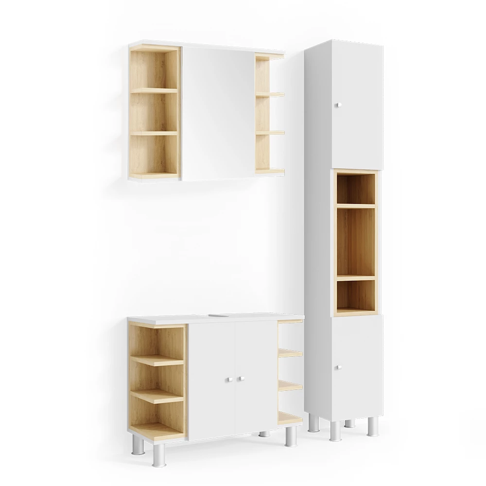Badmöbel-Set Aquis Weiß 3 Teile, mit Hochschrank Vicco