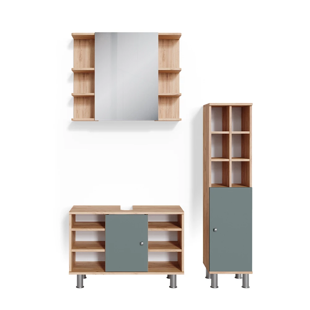 Badmöbel-Set Fynn Grün 3 Teile, mit Midischrank Tür groß Vicco