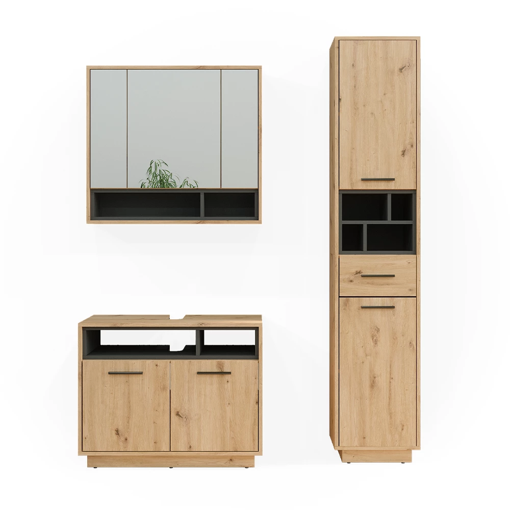 Badmöbel-Set Beatrice Artisan-Eiche 3 Teile, mit Hochschrank Vicco