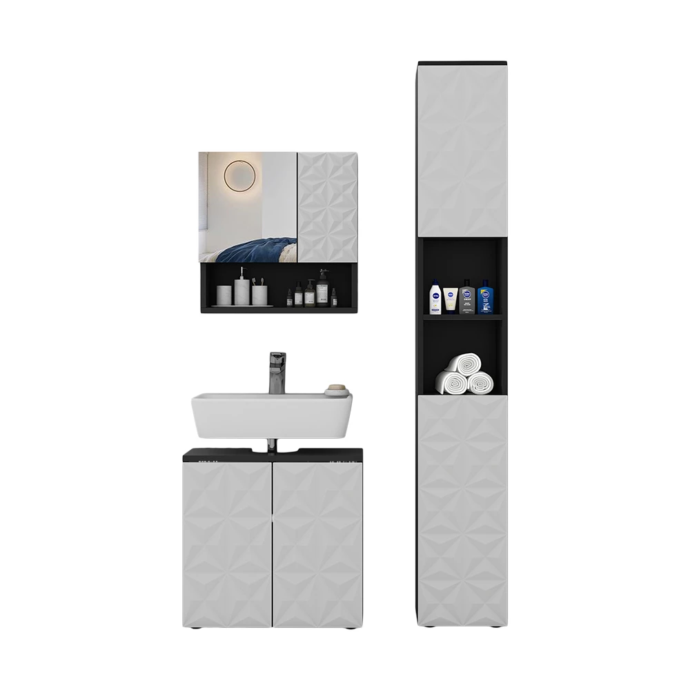 Badmöbel-Set Edge Schwarz 3 Teile, mit Hochschrank Vicco