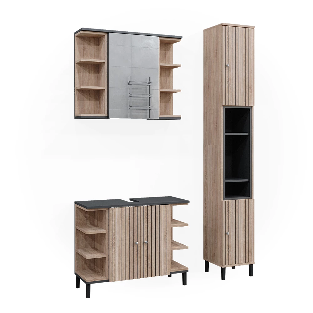 Badmöbel-Set Aquis Sonoma 3 Teile, mit Hochschrank Vicco