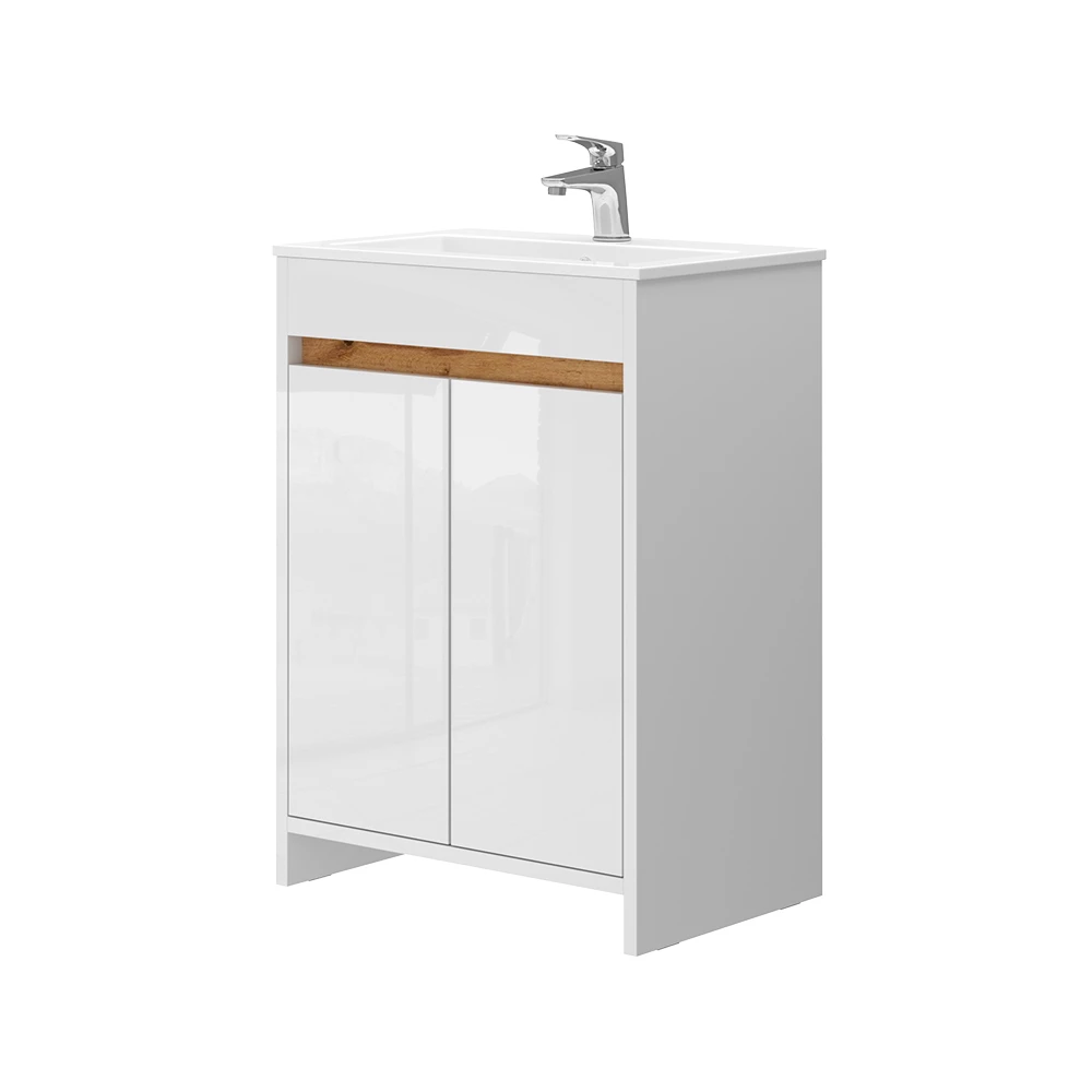 Waschbeckenunterschrank Lemgo Weiß Hochglanz 2 Teile, Unterschrank 60 cm Vicco