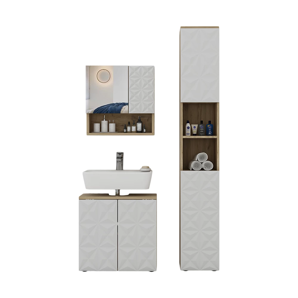 Badmöbel-Set Edge Weiß 3 Teile, mit Hochschrank Vicco