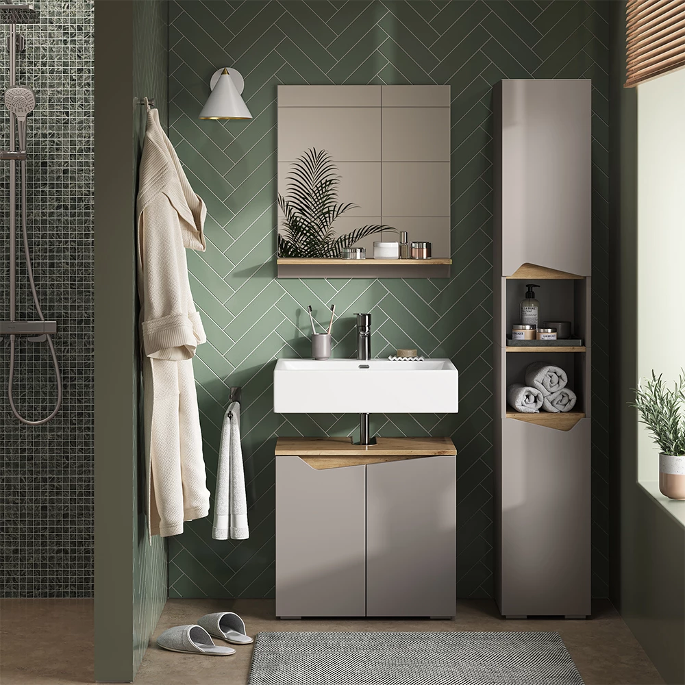 Badschrank Marelle Greige/Artisan 30 x 180 cm mit Türen, und offenen Fächern Vicco