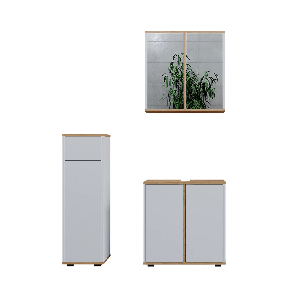 Badmöbel-Set Didi Weiß/Artisan 3 Teile, Midischrank mit mit Schubladen 60 cm Vicco