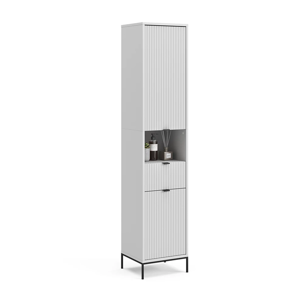 Badschrank Eliza Weiß 40 x 190 cm mit Türen, und Schublade Vicco