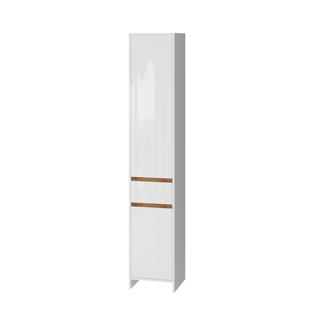 Badschrank Detmold Weiß Hochglanz/Goldkraft Eiche 35 x 190 cm mit 2 Türen und eine Schublade Vicco