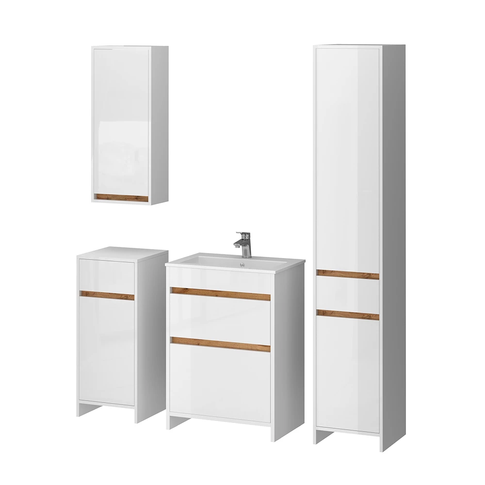 Badmöbel-Set Detmold Weiß Hochglanz/Goldkraft Eiche 5er-Set Vicco
