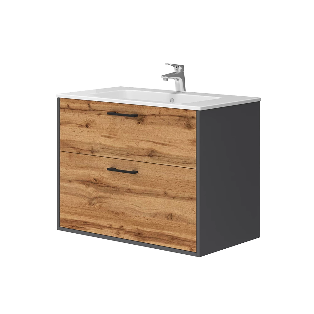 Waschbeckenunterschrank Lanco Anthrazit/Goldkraft Eiche 80 x 61.5 cm mit Waschbecken Vicco