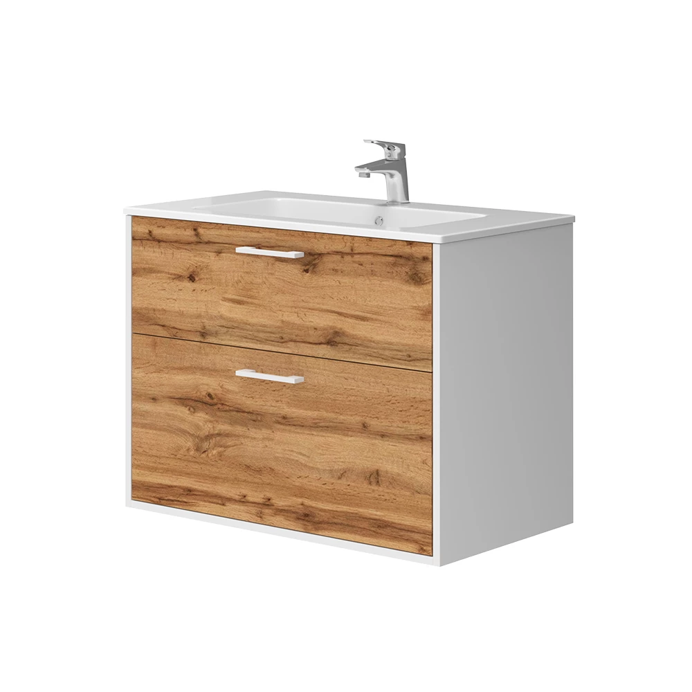 Waschbeckenunterschrank Lanco Weiß/Goldkraft Eiche 80 x 61.5 cm mit Waschbecken Vicco