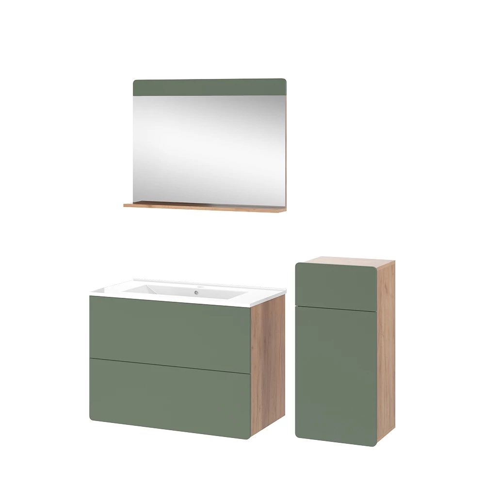 Badmöbel-Set Izan Goldkraft Eiche/Grün 4 Teile mit Midischrank Vicco