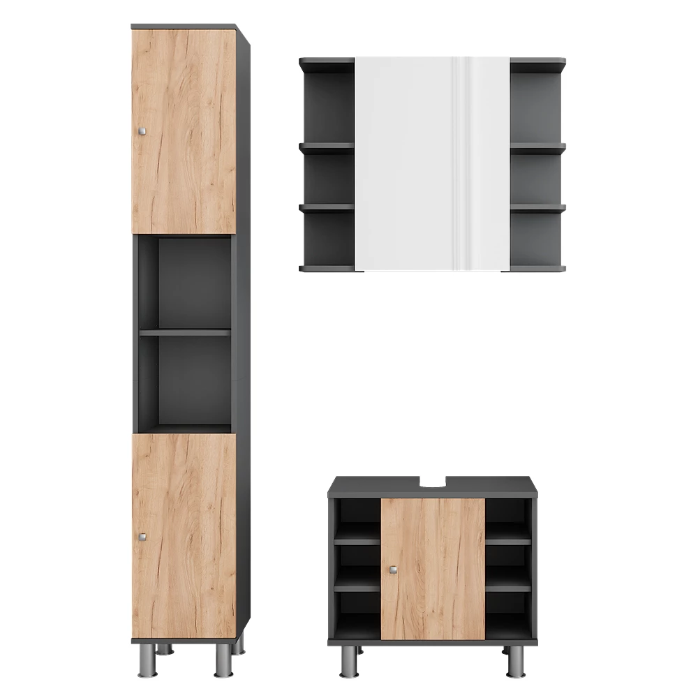 Badmöbel-Set Fynn Anthrazit/Goldkraft Eiche 3 Teile mit Hochschrank Vicco