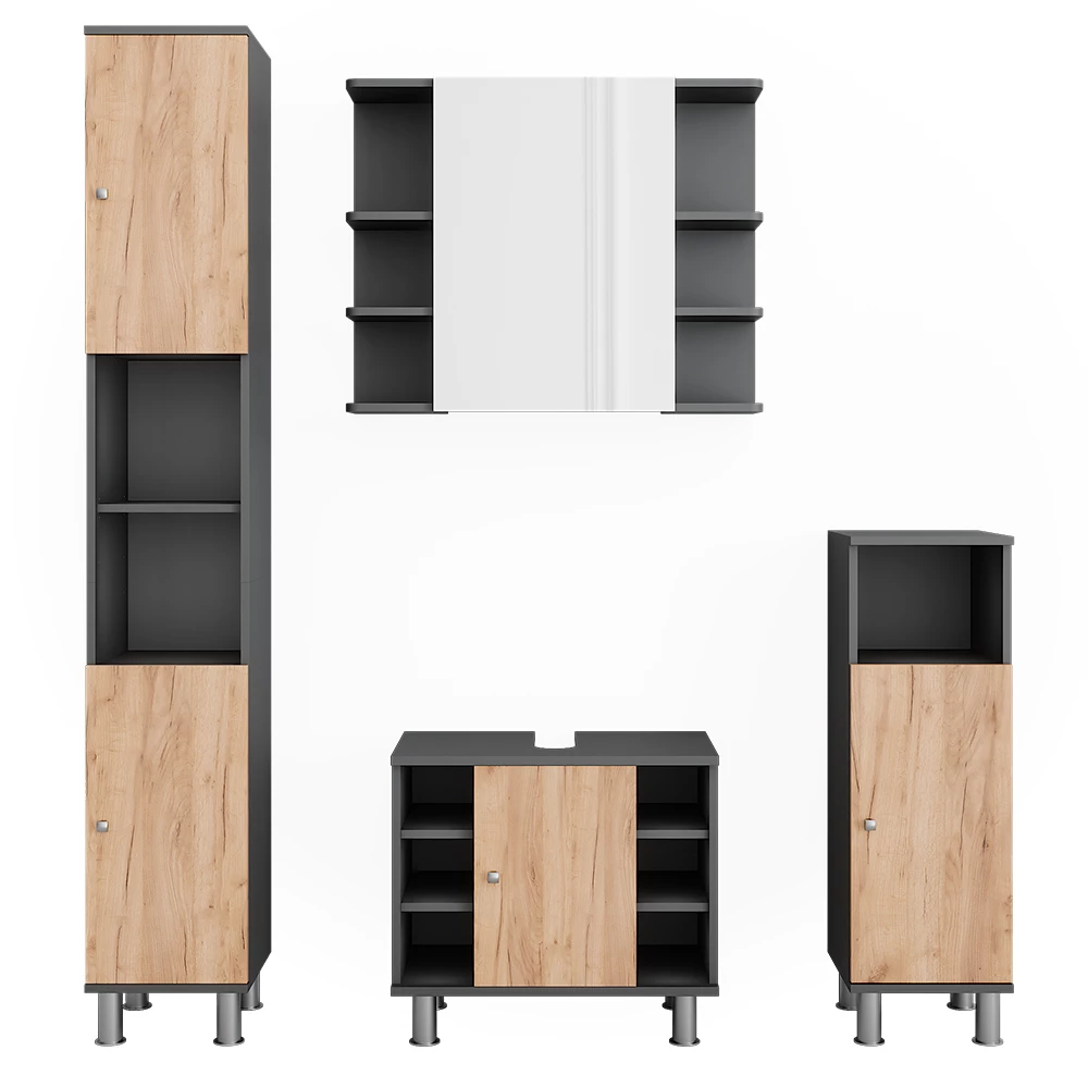 Badmöbel-Set Fynn Anthrazit/Goldkraft Eiche 4 Teile Vicco