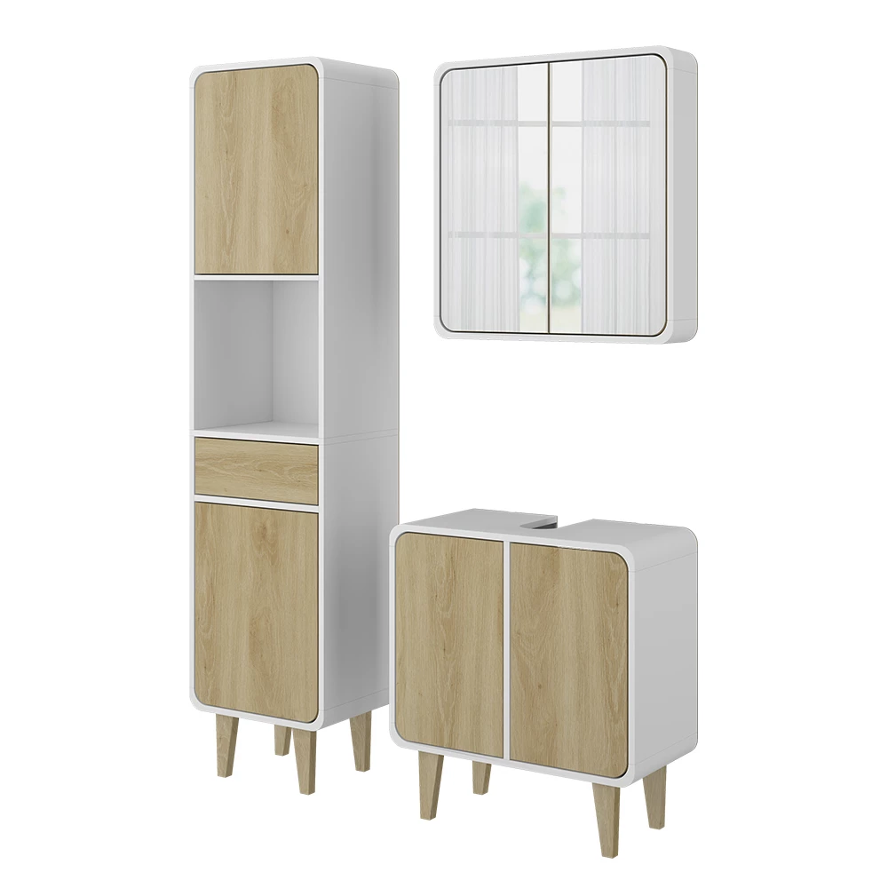 Badmöbel-Set Arla Weiß/Eiche 3 Teile, mit Hochschrank Vicco