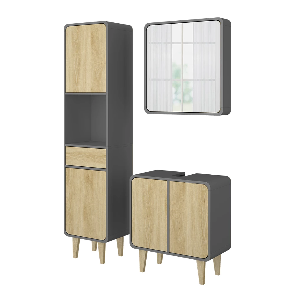 Badmöbel-Set Arla Anthrazit/Eiche 3 Teile, mit Hochschrank Vicco