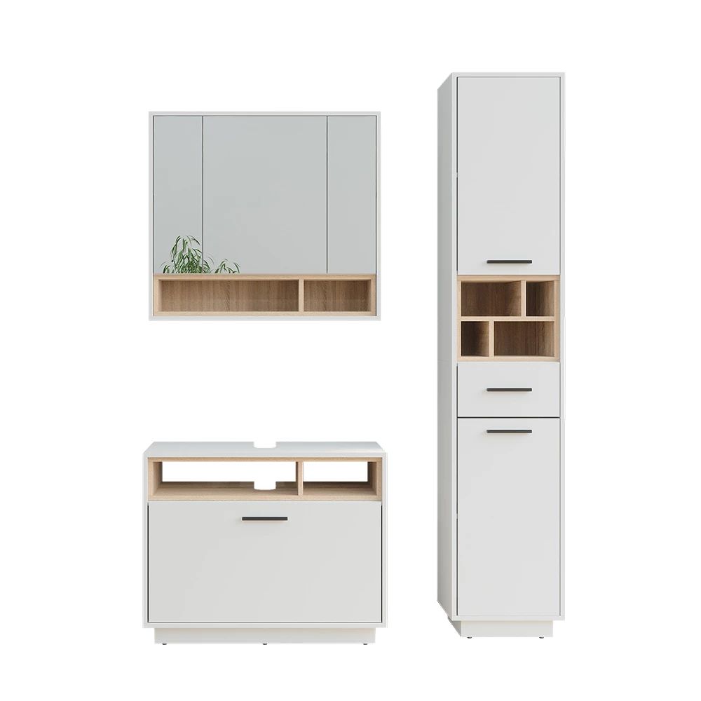 Badmöbel-Set Beatrice Weiß/Sonoma 3 Teile mit Hochschrank Vicco