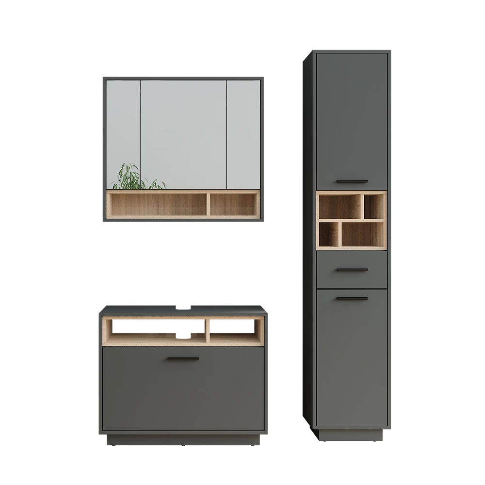 Badmöbel-Set Beatrice Anthrazit/Sonoma 3 Teile mit Hochschrank Vicco