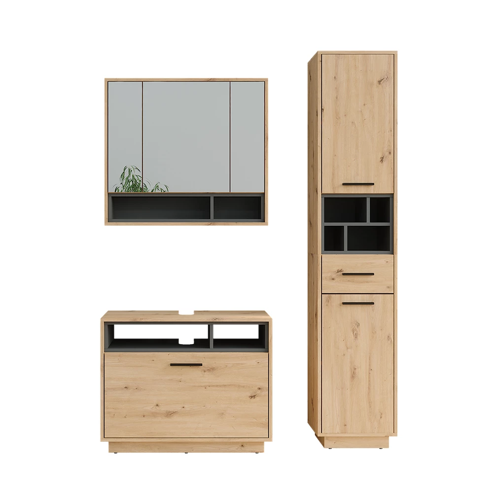 Badmöbel-Set Beatrice Artisan Eiche/Anthrazit 3 Teile mit Hochschrank Vicco