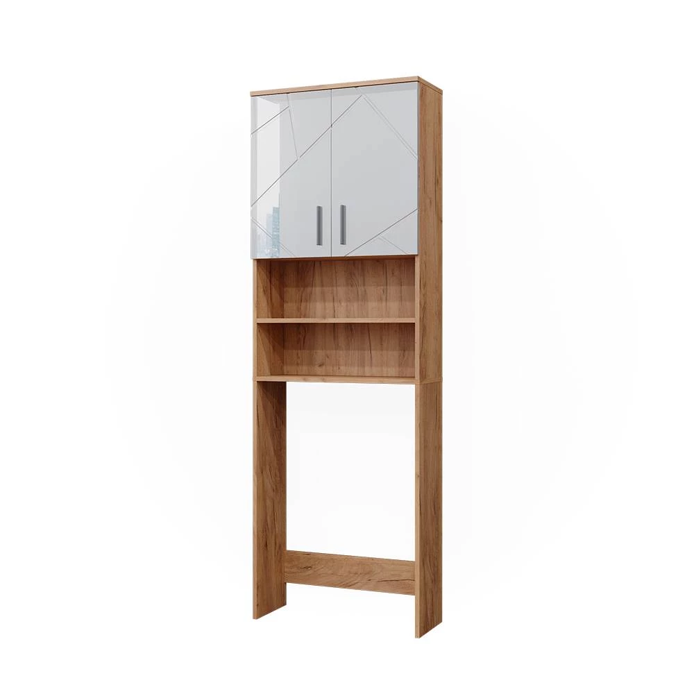 Waschmaschinenschrank Irma Weiß Hochglanz/Goldkraft Eiche 64 x 190.5 cm Vicco