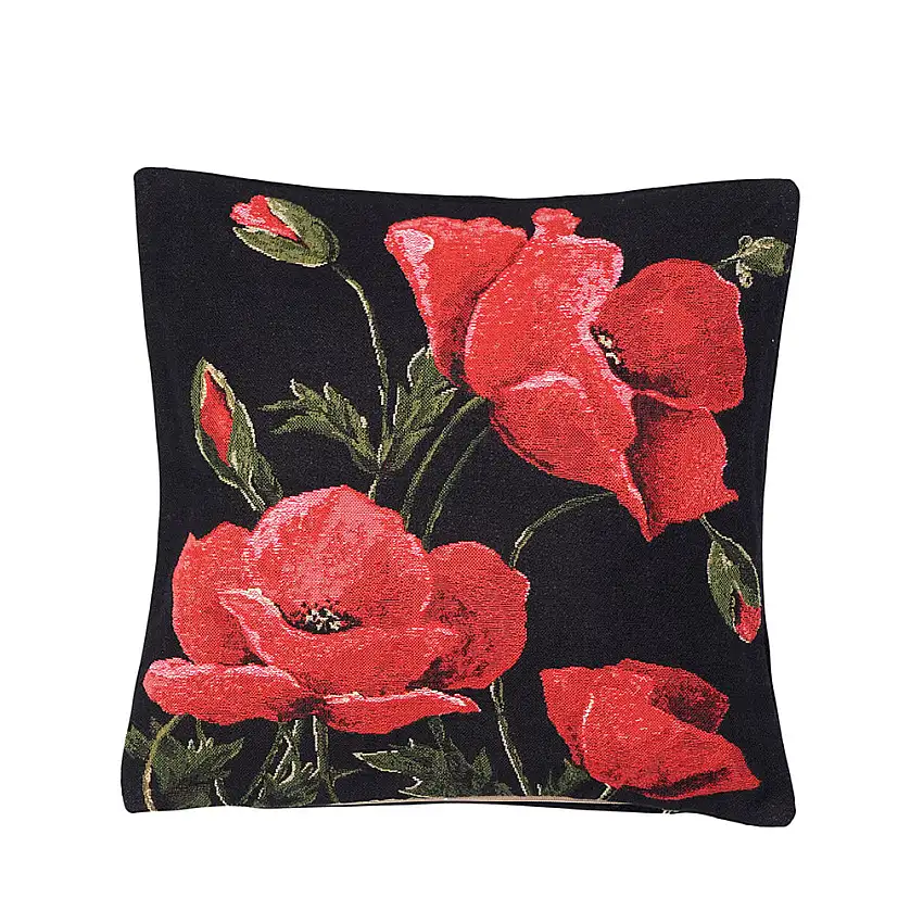 Belgian Tapestrie kleine Zierkissenhülle 33 x 33 cm Mohnblumen schwarz
