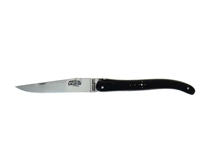 Hand engraved, folding knife, full handle 11cm in dark horn, high polished finish