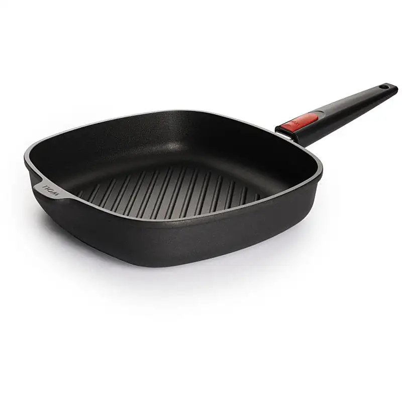 WOLL Nowo Guss-Steakpfanne, viereckig 28 x 28 cm 6,5 cm hoch mit Rillen abnehmbarer Stiel 1628-1N