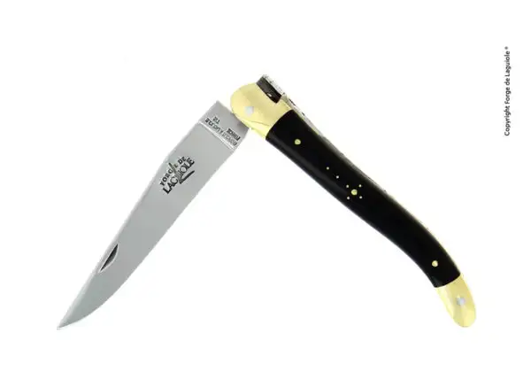 Couteau pliant 11 cm en corne foncée, mitres laiton finition brillante