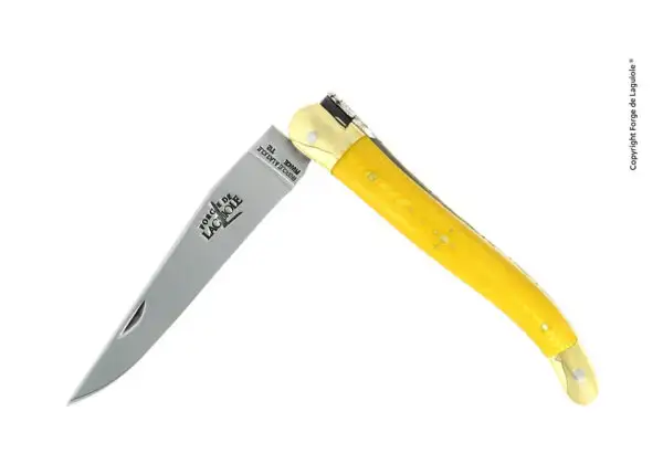 Couteau pliant 11 cm en tissu compressé jaune, mitres laiton
