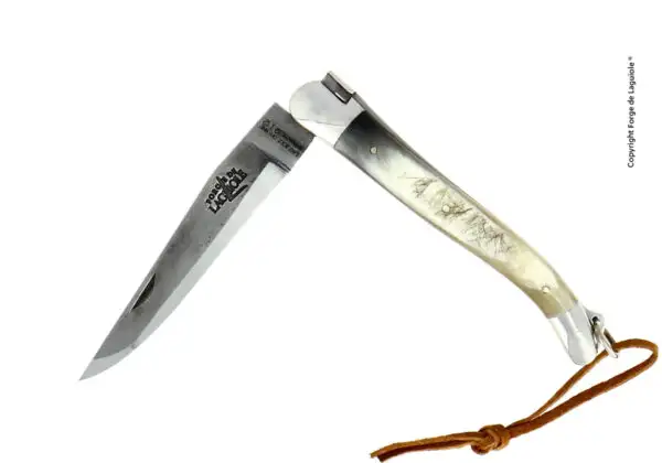 Couteau pliant 11 cm en corne de vache Aubrac lame "brut de forge", mitres inox finition brillante