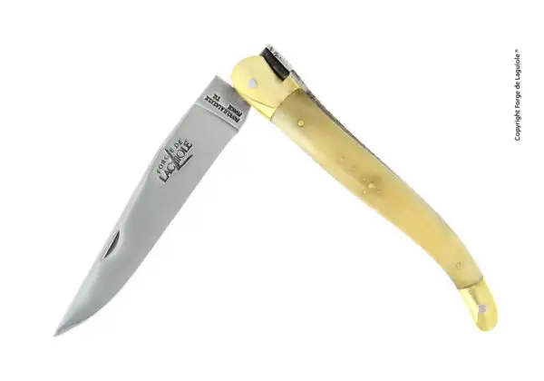 Couteau Laguiole 12 cm en corne claire, mitres laiton