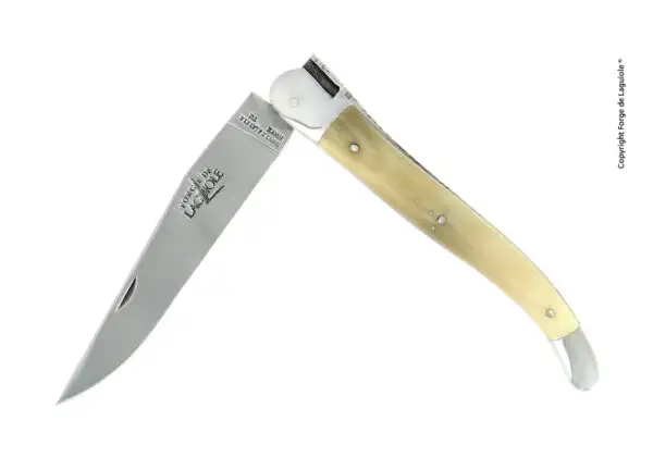 Couteau Laguiole 12 cm en corne claire, mitres inox finition brillante
