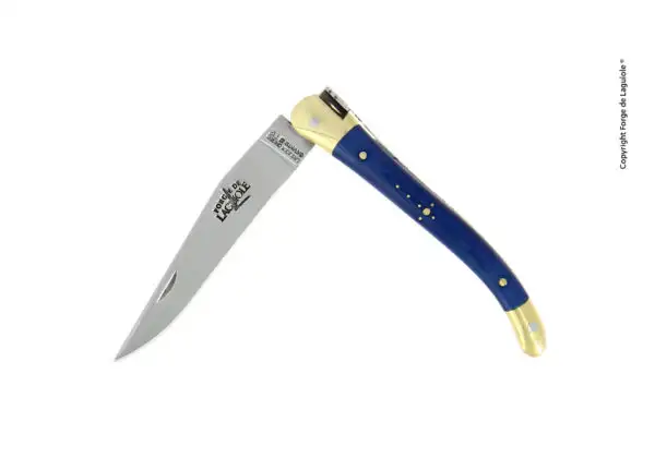 Couteau pliant 9 cm en tissu compressé bleu, mitres laiton