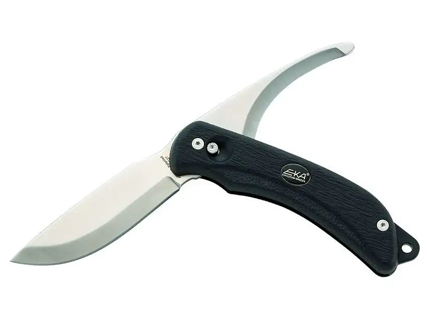 EKA Jagdmesser G3, Stahl 12C27, Swingblade, schwarzer Kraton-Griff, Fangriemenöse, Cordura-Scheide