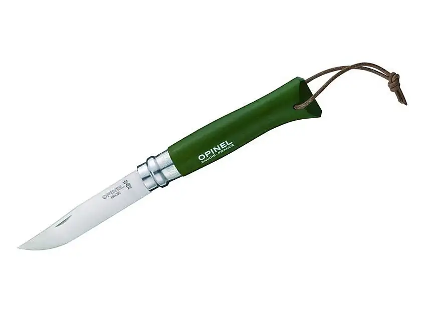 Opinel-Messer Nr. 8, 12C27, Buchenholzgriff khaki, Lederriemen