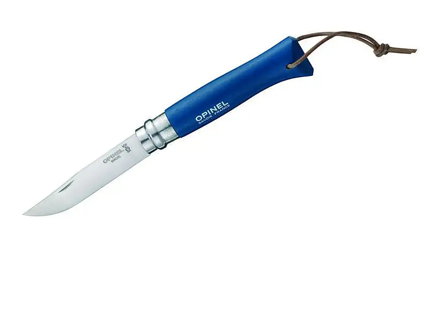 Opinel-Messer Nr. 8, rostfreier Sandvik-Stahl 12C27, Buchenholzgriff blau, Lederriemen, Virobloc-System