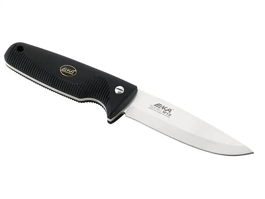 EKA Nordic W12, Gürtelmesser, 12C27-Stahl, G-10 schwarz, Fangriemenöse, Kydex Scheide, Feuerstarter