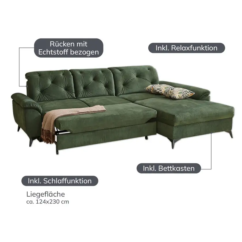 Ecksofa Studio, Stoffbezug dunkelgrün, ca. 280 x 202 cm