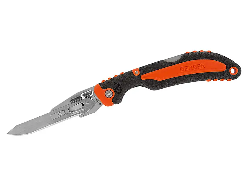 Gerber Vital Einhandmesser, rostfreie Wechselklinge, glasfaserverstärktes Heft, Gummiüberzug, 6 Ersatzklingen