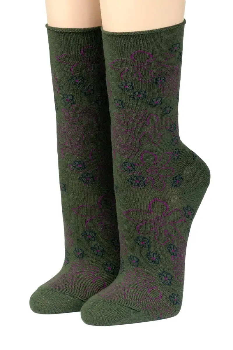 CRÖNERT Socken mit Rollrand Luccas Blumenwiese oliv