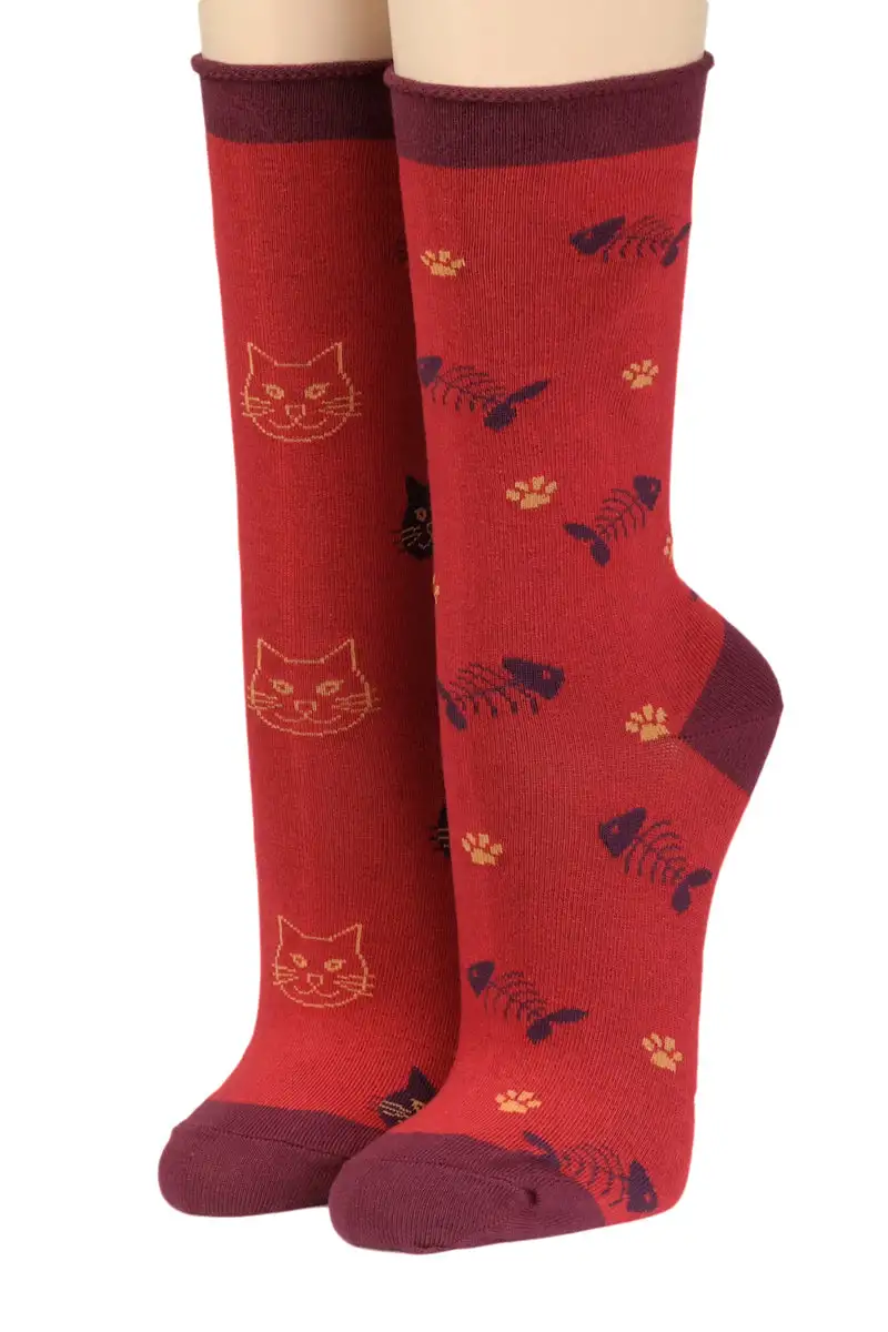 CRÖNERT Socken mit Rollrand crazy Cats with Fishes rot