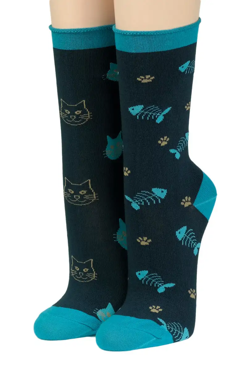 CRÖNERT Socken mit Rollrand crazy Cats with Fishes marine