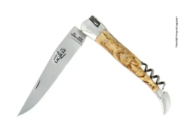 Couteau pliant 12cm avec tire-bouchon en bouleau, mitres inox finition brillante