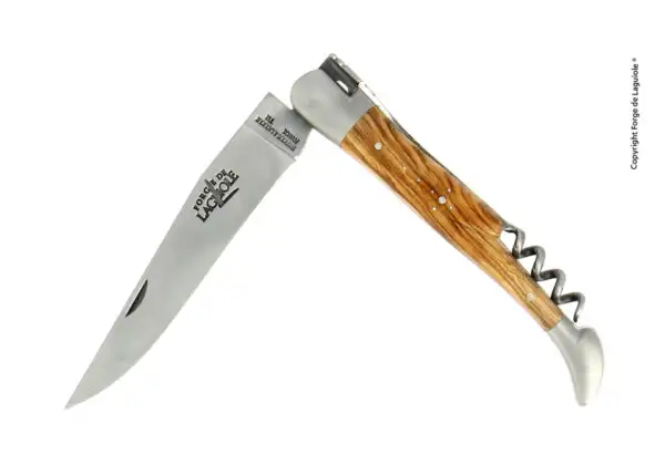 Couteau pliant avec tire-bouchon en olivier, mitres inox finition satinée