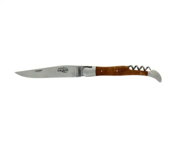 Couteau pliant 12 cm avec tire-bouchon ciselé main satiné en Bruyère
